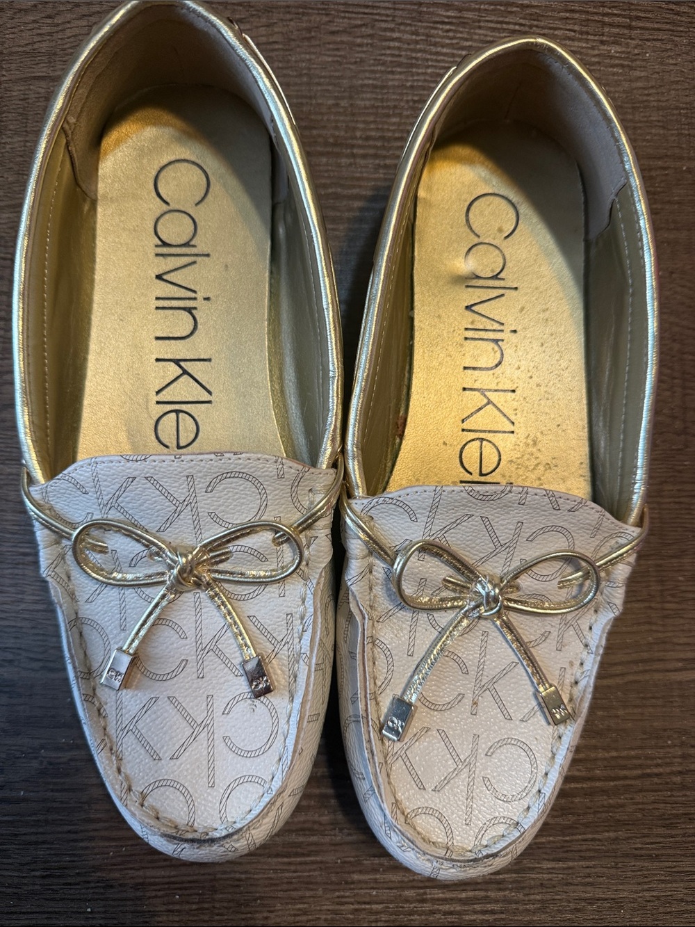Calvin Klein Beige Logo Moccasins with Gold Bow Trim